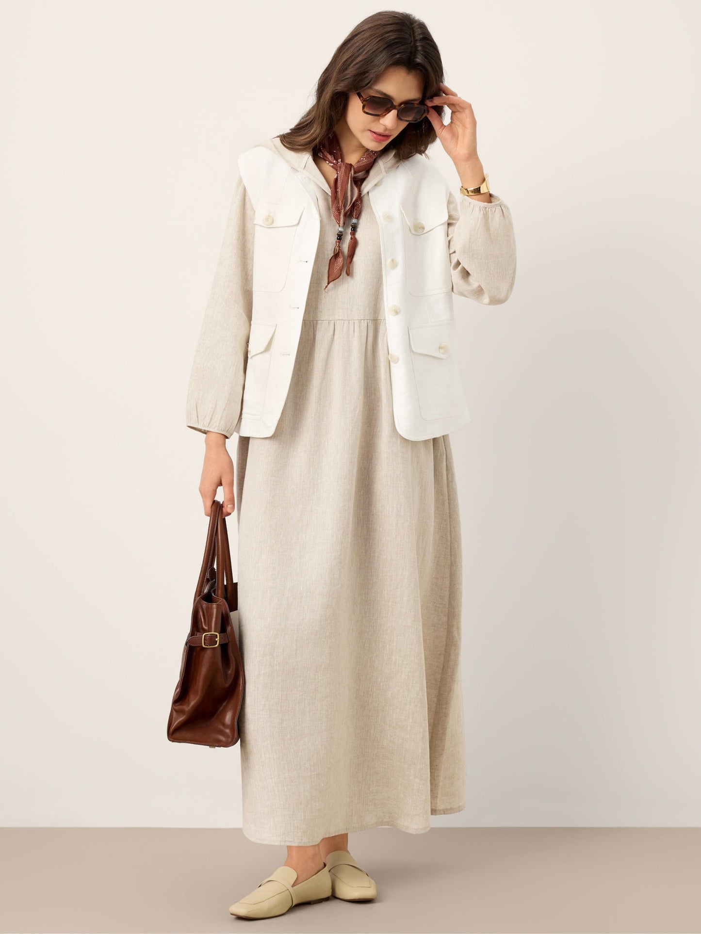 100% Linen Sculpted-Hood Caftan Midi Dress LINETTE
