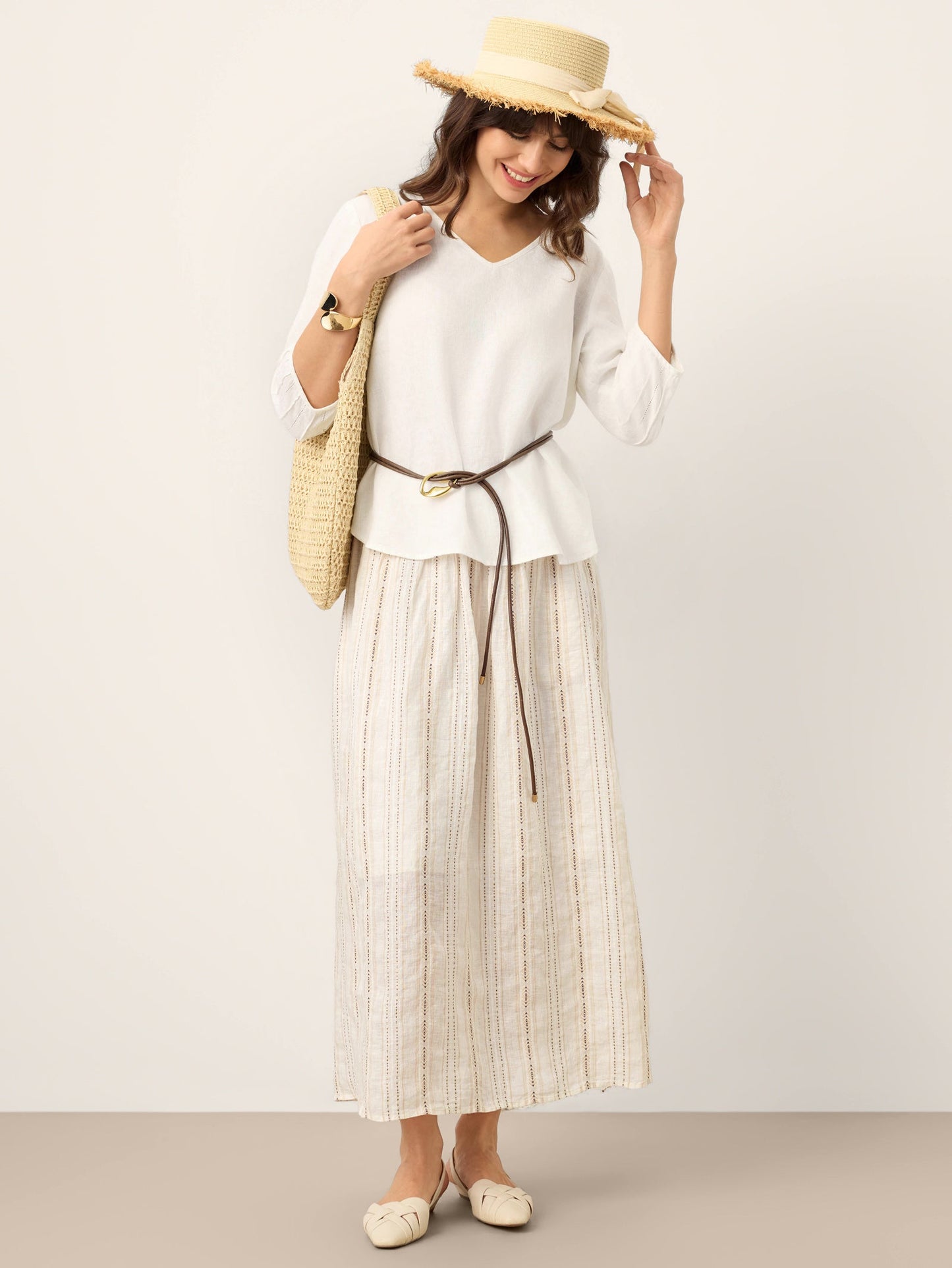 100% Linen Scoop Neck Slit Back Pullover Top FELICIA