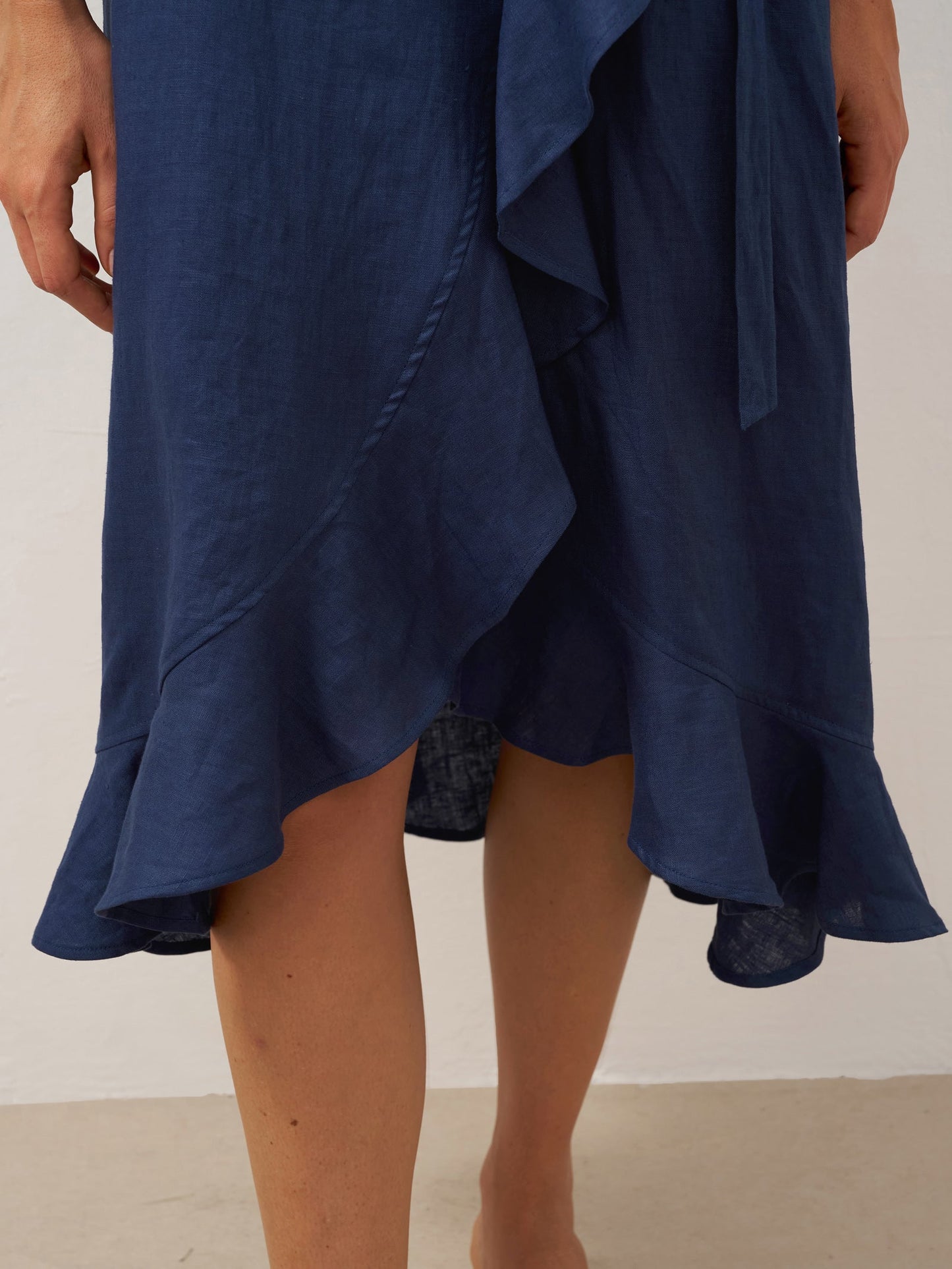 100% Linen V-Neck One-Piece Ruffle Hem Midi Dress MAYA