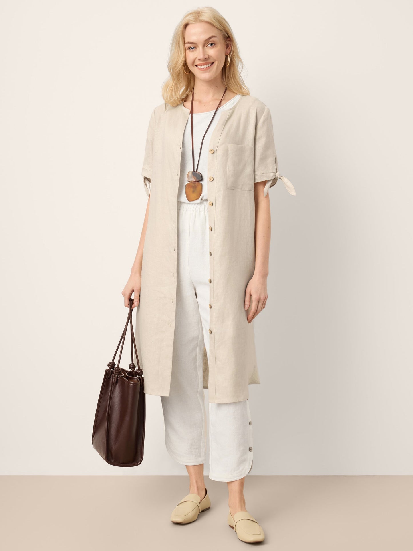 100% Linen Button-Front Tie Cuff V-Neck Shirt Dress HONORIA