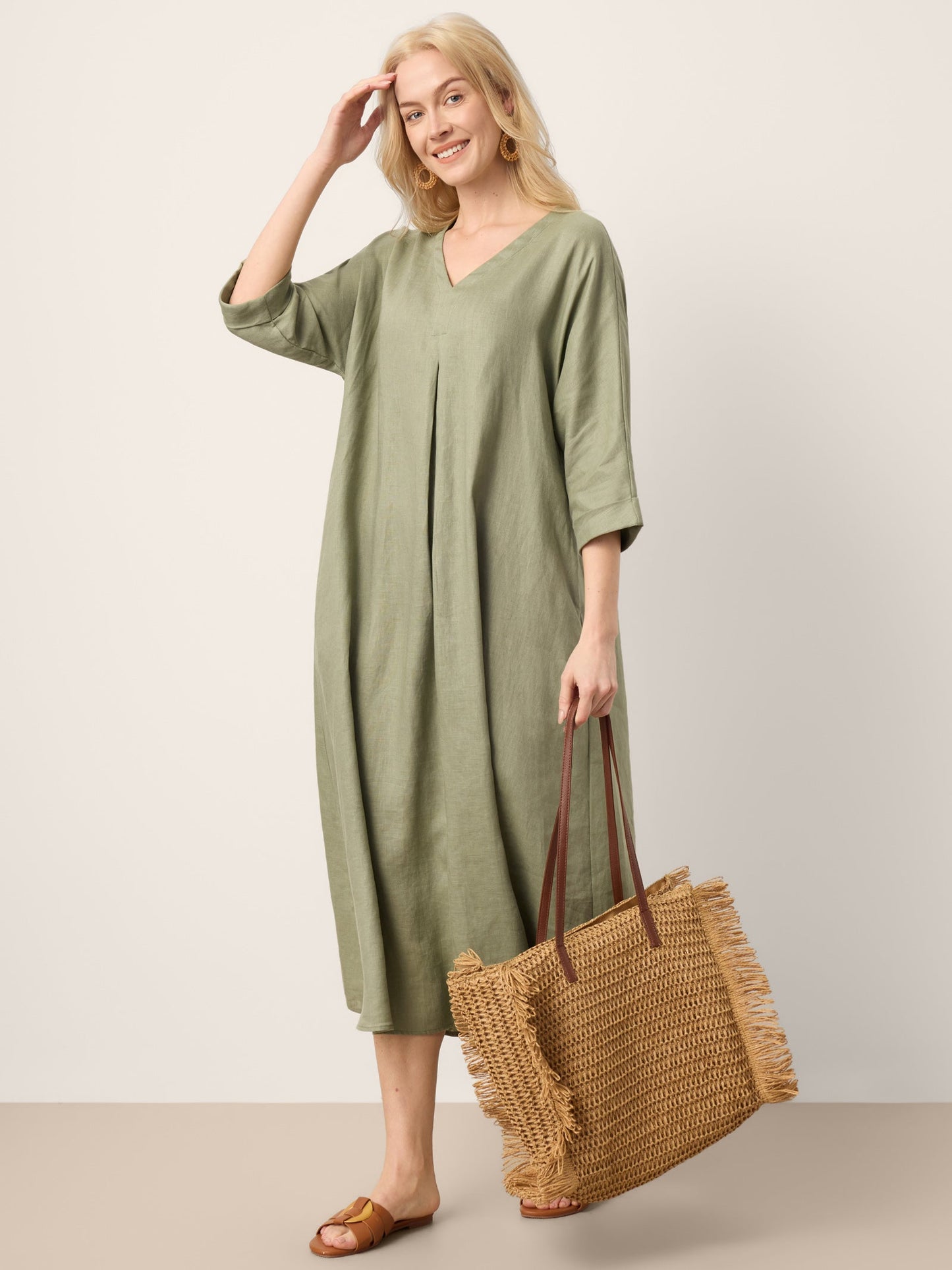 100% Linen Center Pleat V-Neck Cuffed Sleeve Midi Dress ZENOBIA