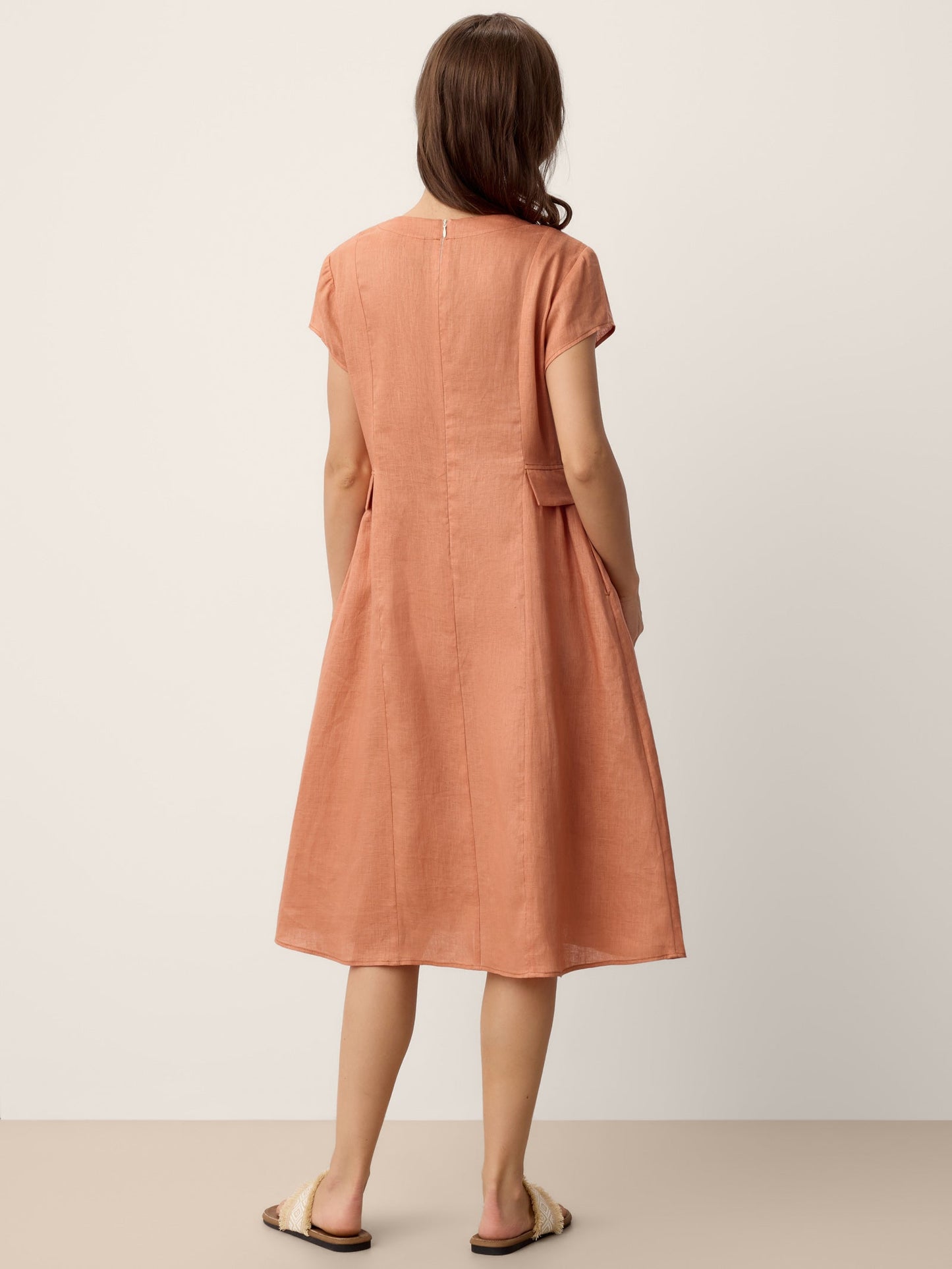 100% Linen Lace-Trim V-Neck Tailored-Waist Midi Dress ELENI