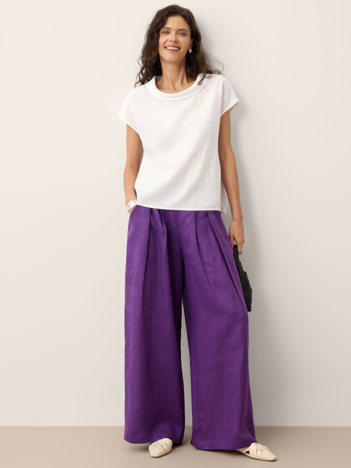 100% Linen Soft-Fold Collar Shell Button Top SABINE