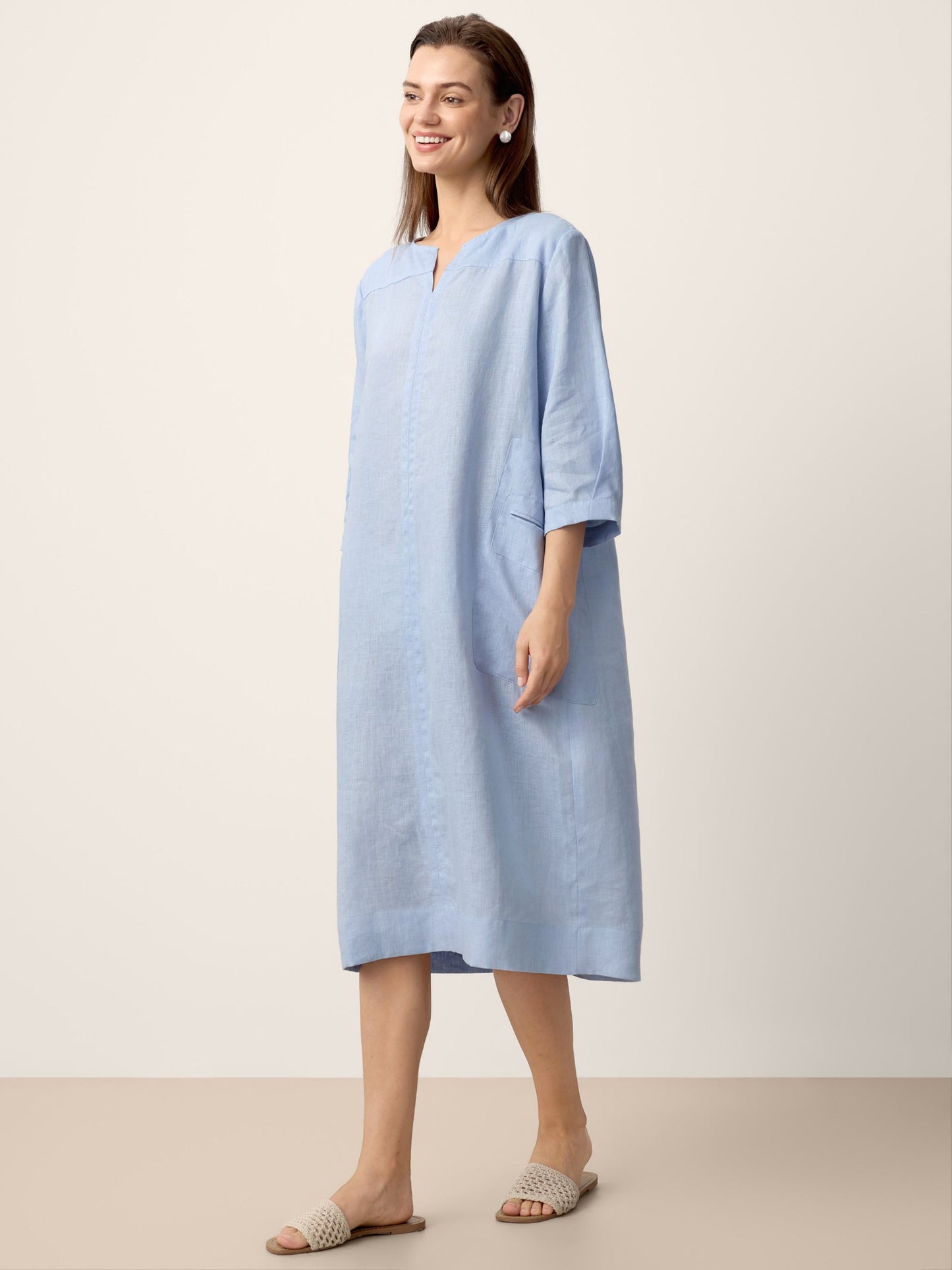 100% Linen Split-Neck Patch-Pocket Mini Dress KALINA