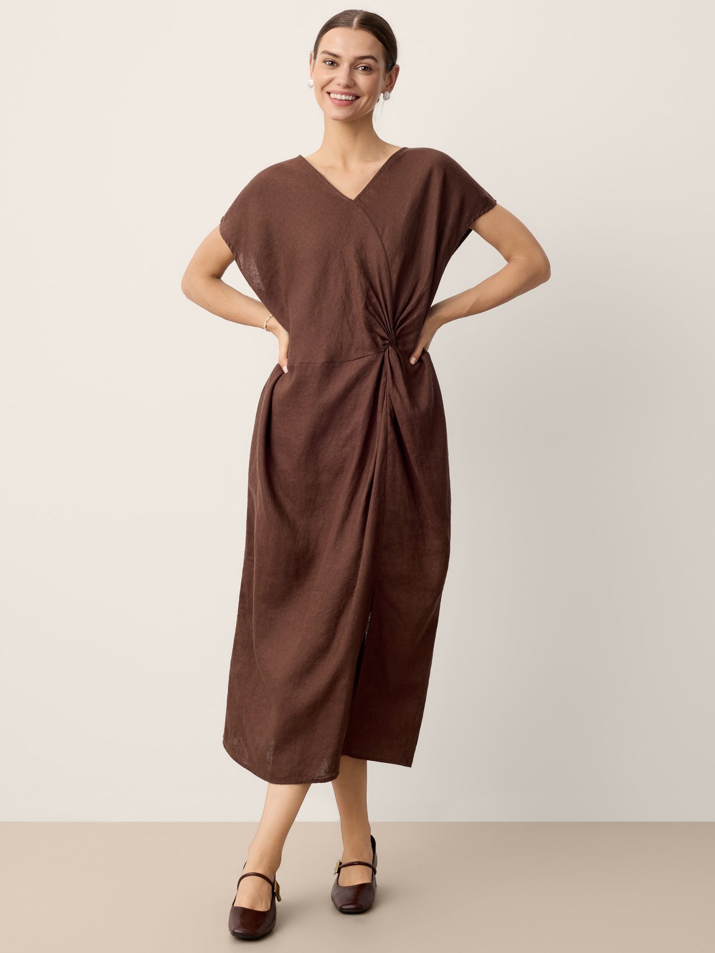 100% Linen Twist-Waist Slit Maxi Dress LYNETTE