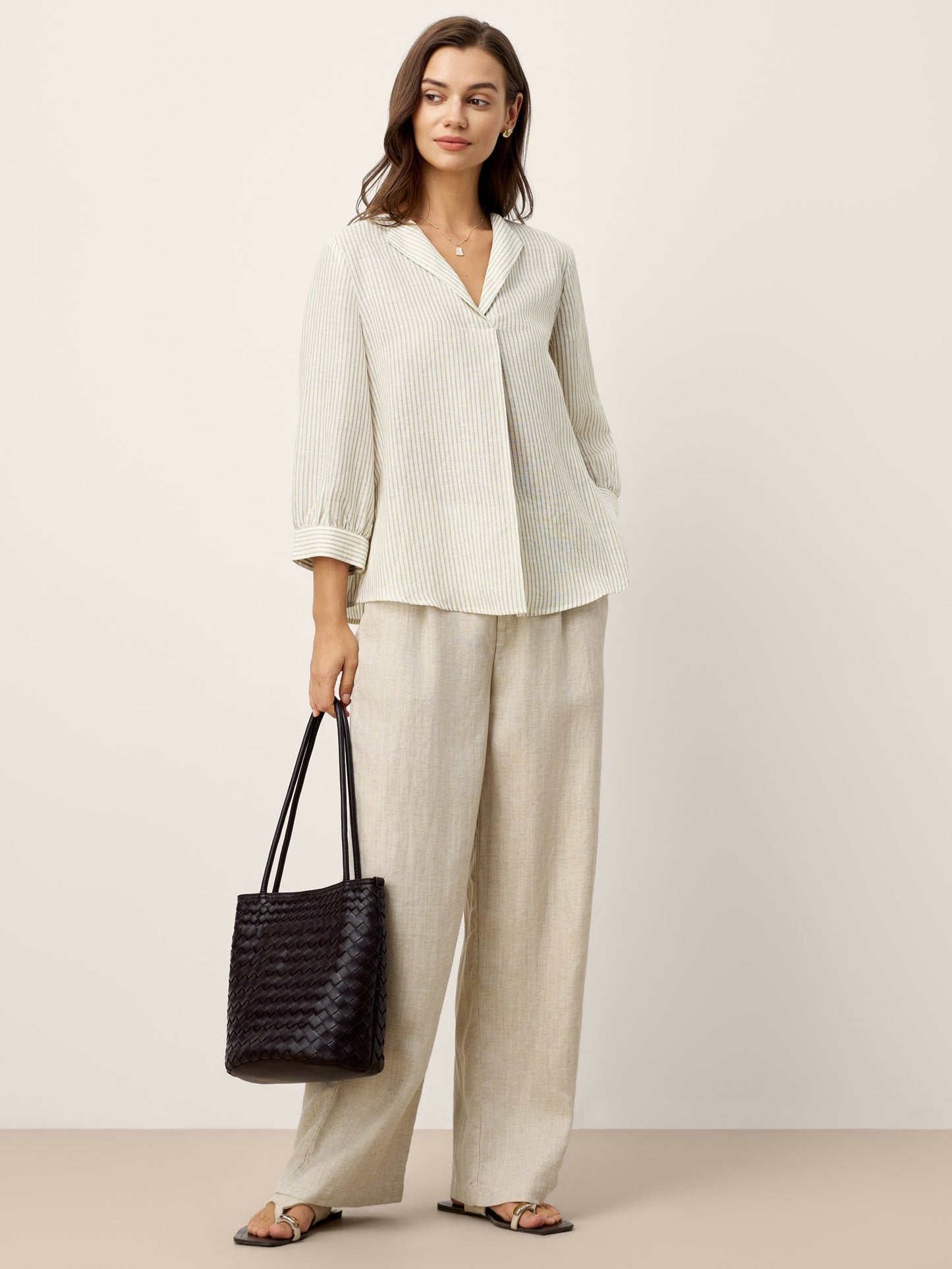 Linen-Lyocell Striped Lapel Inverted Pleat Pullover Top MARGOT