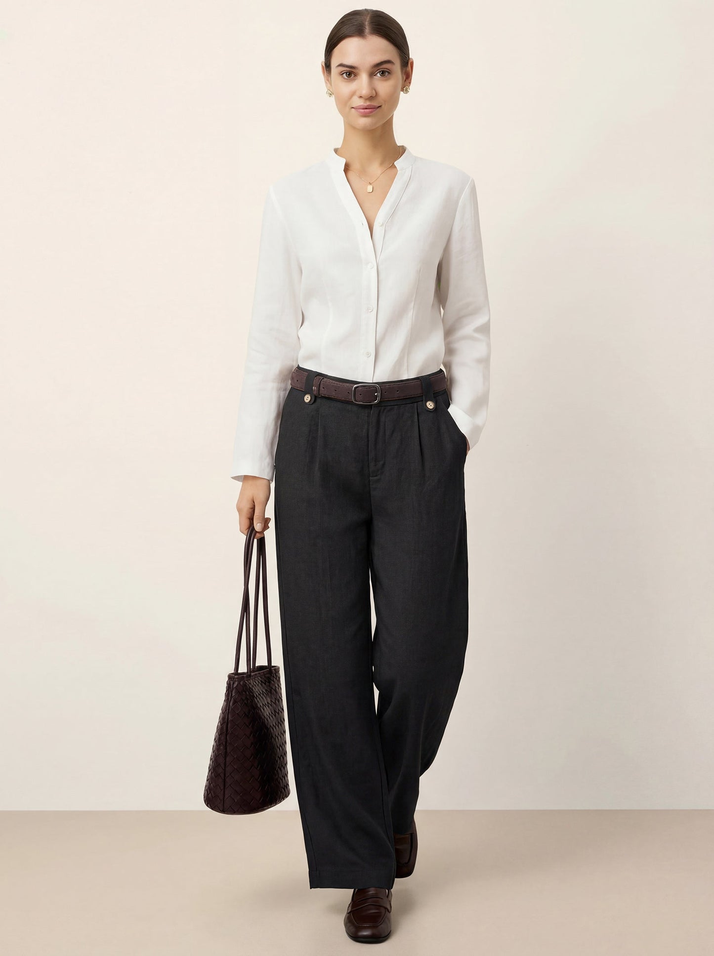 Linen-Lyocell Pleated Wide Leg Trousers with Back Elastic & Button Detail AISLING