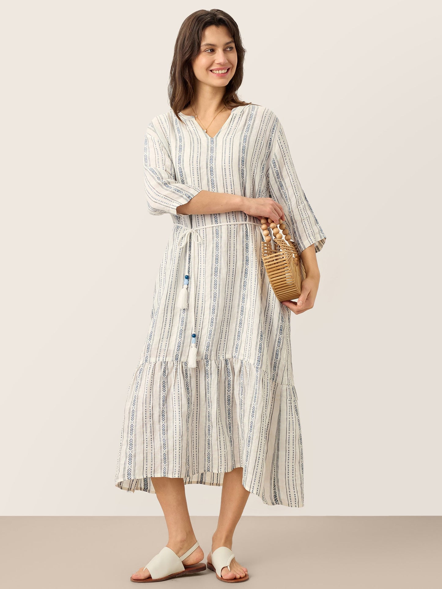 Linen Tribal Stripe Split Neck Bohemian Ruffle Midi Dress with Woven Belt and Slip MARLOWE