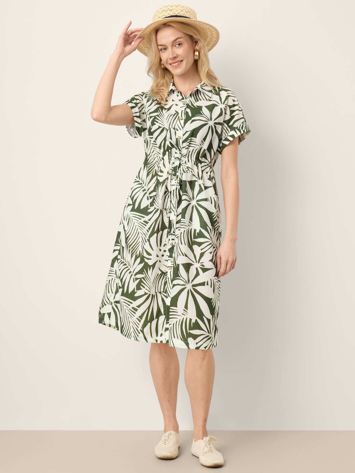 Linen Palm Print Drawstring Waist Cuffed Sleeve Mini Shirt Dress AURELIA