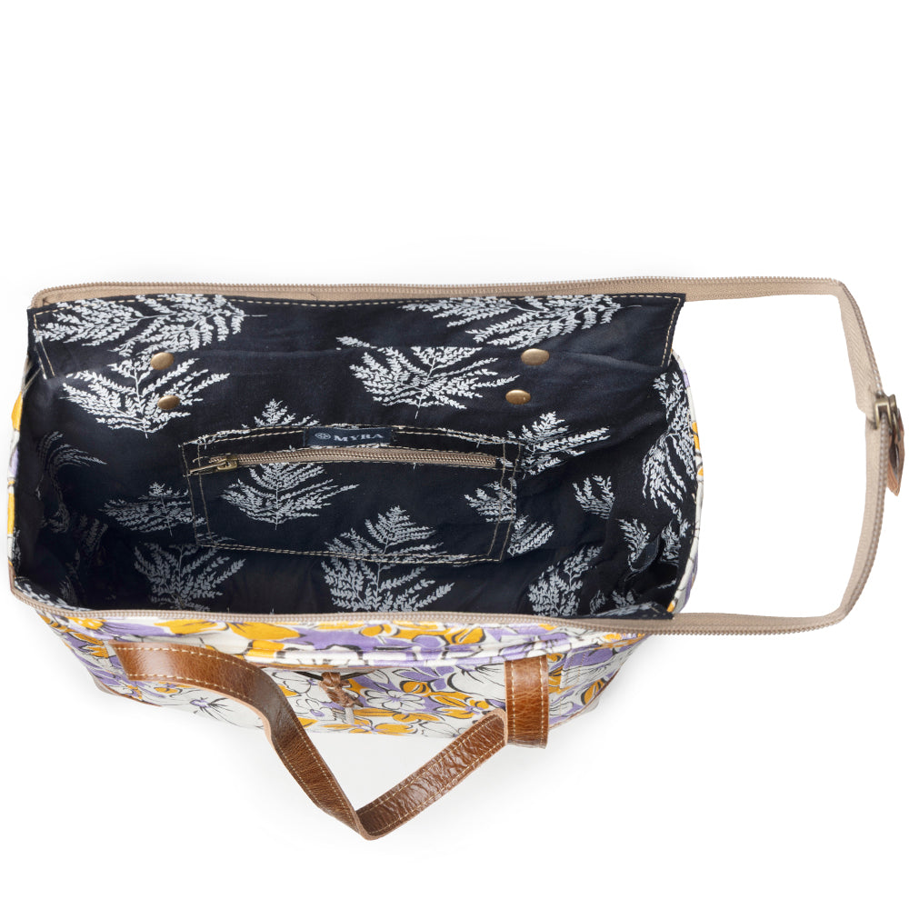 Myra Retro Bloom upcycled canvas tote Bag for Women in yellow with leather detail