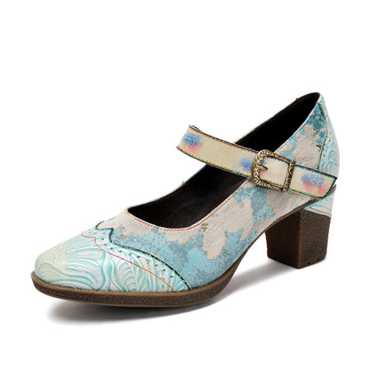 Lady's Heels Handmade Shoes Wedding Party Elegant Vintage Leather Buckle Light Blue Pumps