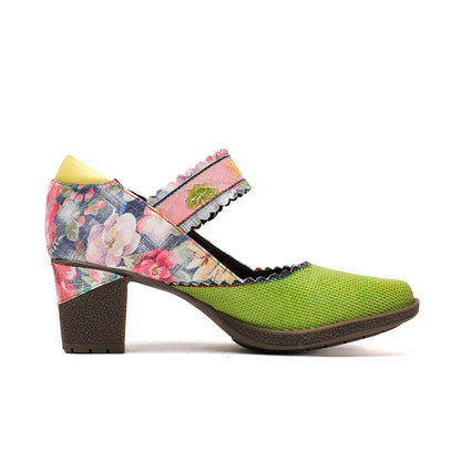 Women's Spring Heels Dress Shoes Party Round Toe Elegant Cowhide Loafer Green Pumps