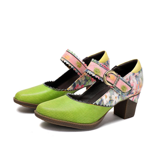 Women's Spring Heels Dress Shoes Party Round Toe Elegant Cowhide Loafer Green Pumps