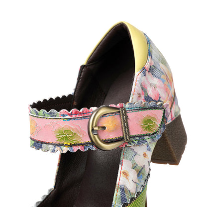 Women's Spring Heels Dress Shoes Party Round Toe Elegant Cowhide Loafer Green Pumps