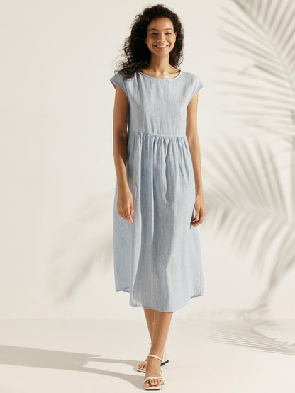 Linen Striped Cap Sleeve Washed Midi Dress JOAN