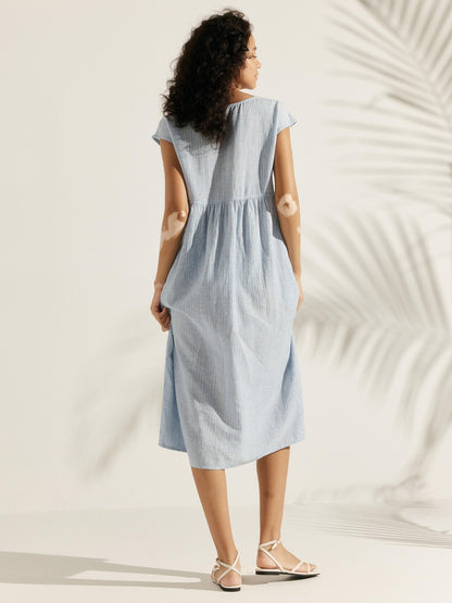 100% Linen Cap Sleeve Washed Midi Dress JOAN