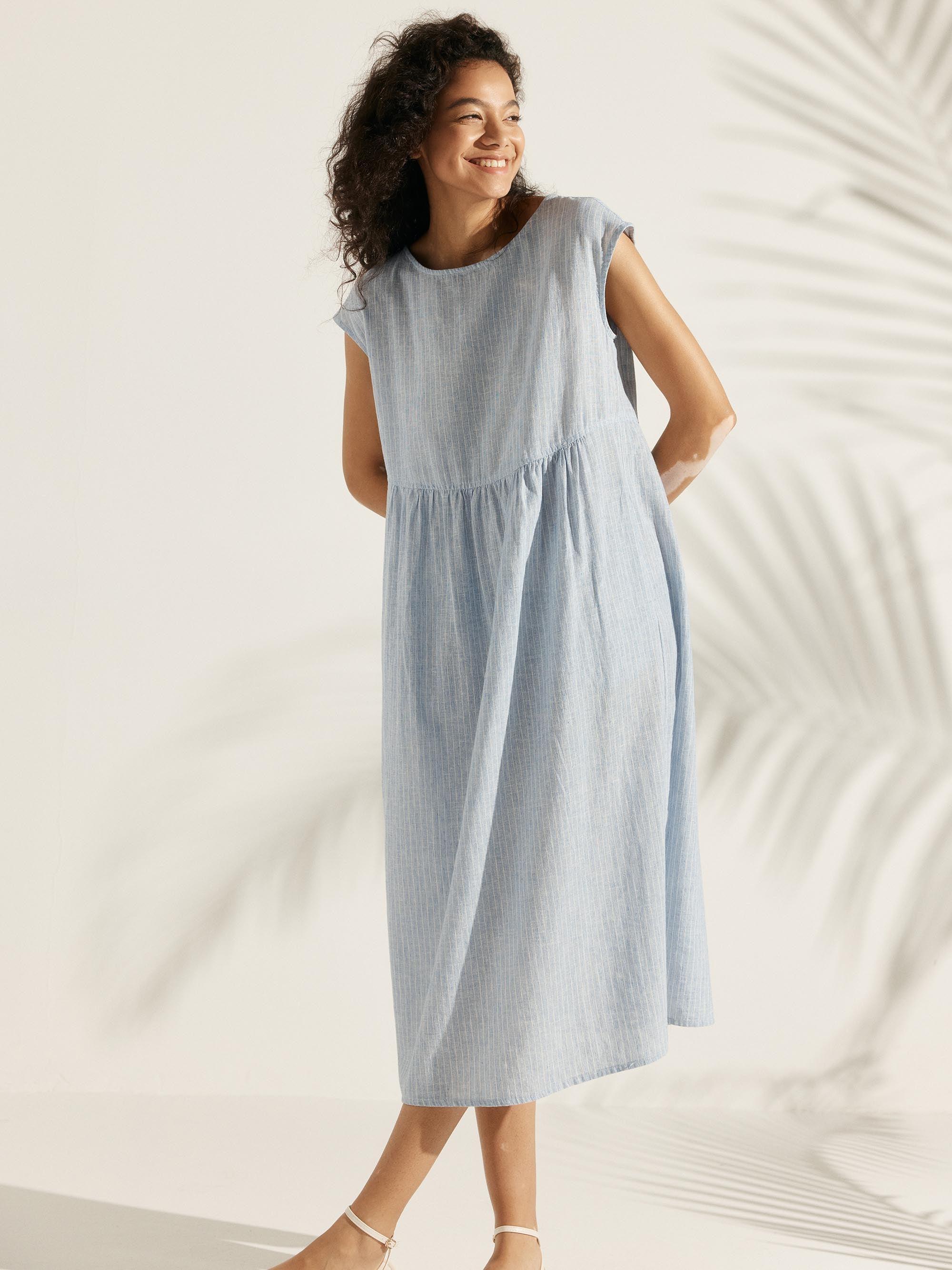100% Linen Cap Sleeve Washed Midi Dress JOAN