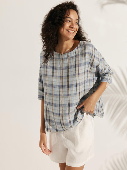 100% Linen Gingham Checked Boatneck 3/4 Length Sleeve Top AURORA