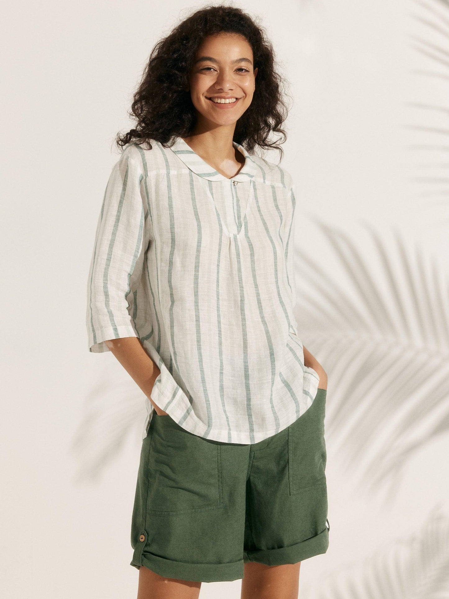 100% Linen Shawl V-Neck Half Sleeve Top JADE