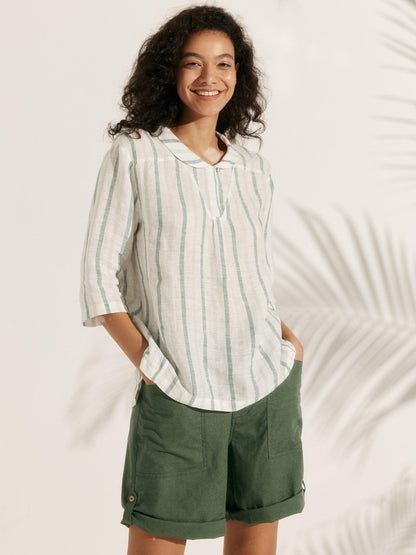 100% Linen Shawl V-Neck Half Sleeve Top JADE