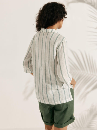 100% Linen Shawl V-Neck Half Sleeve Top JADE