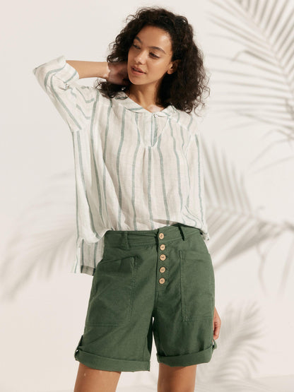 100% Linen Shawl V-Neck Half Sleeve Top JADE