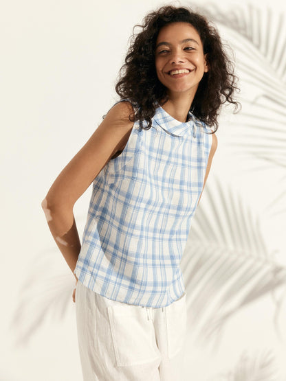 100% Linen Draped Collar Tank Top