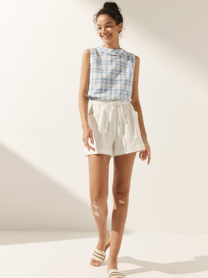 100% Linen Draped Collar Tank Top