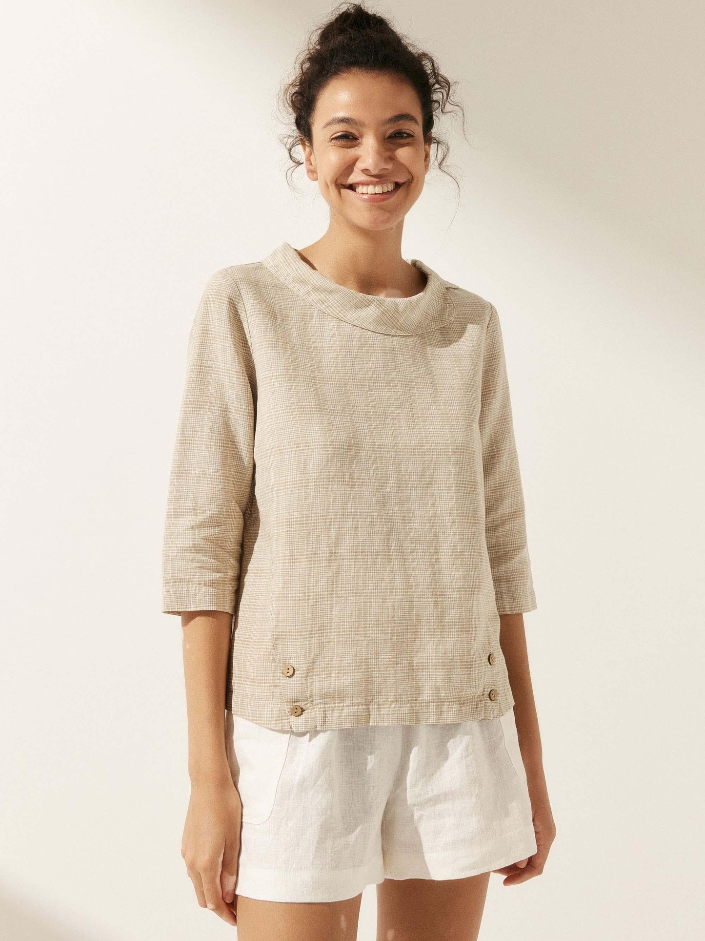Linen Gingham Checked Round Soft-Fold Collar Top LAURA