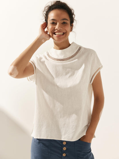 100% Linen Gingham Checked Cutout Turtleneck Top CAROL