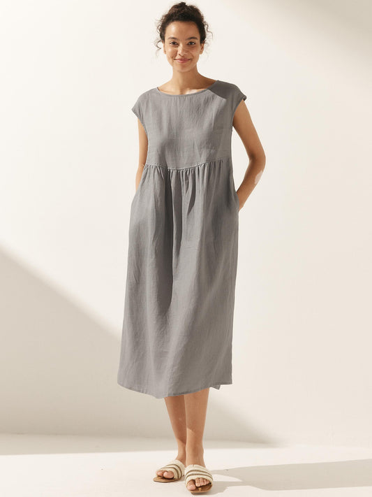 100% Linen Cap Sleeve Washed Midi Dress JOAN