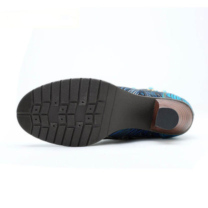 Blue Embossed Leather And Warm Brocade Comfy Ankle Boots