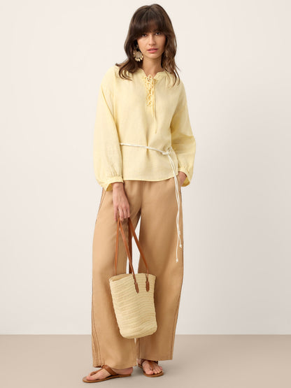 100% Linen Lace-Up Shirred Lantern Sleeve Blouse DOROTHEA