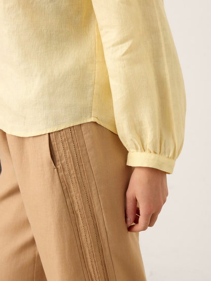 100% Linen Lace-Up Shirred Lantern Sleeve Blouse DOROTHEA