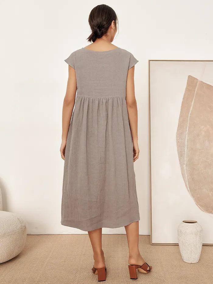 Linen Striped Cap Sleeve Washed Midi Dress JOAN