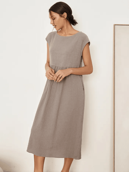 Linen Striped Cap Sleeve Washed Midi Dress JOAN