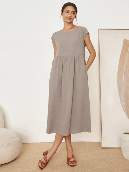 Linen Striped Cap Sleeve Washed Midi Dress JOAN