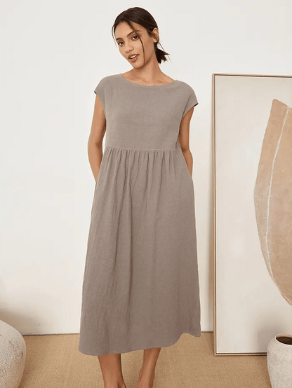 Linen Striped Cap Sleeve Washed Midi Dress JOAN