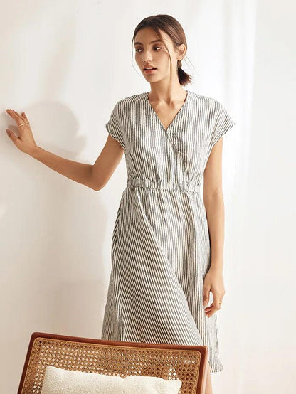 100% Linen Striped Elastic-Waist Mini Dress ARIA