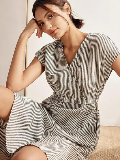 100% Linen Striped Elastic-Waist Mini Dress ARIA