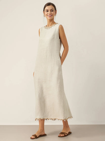 100% Linen Beaded Crew Neck Midi Dress with Belt BELLA
