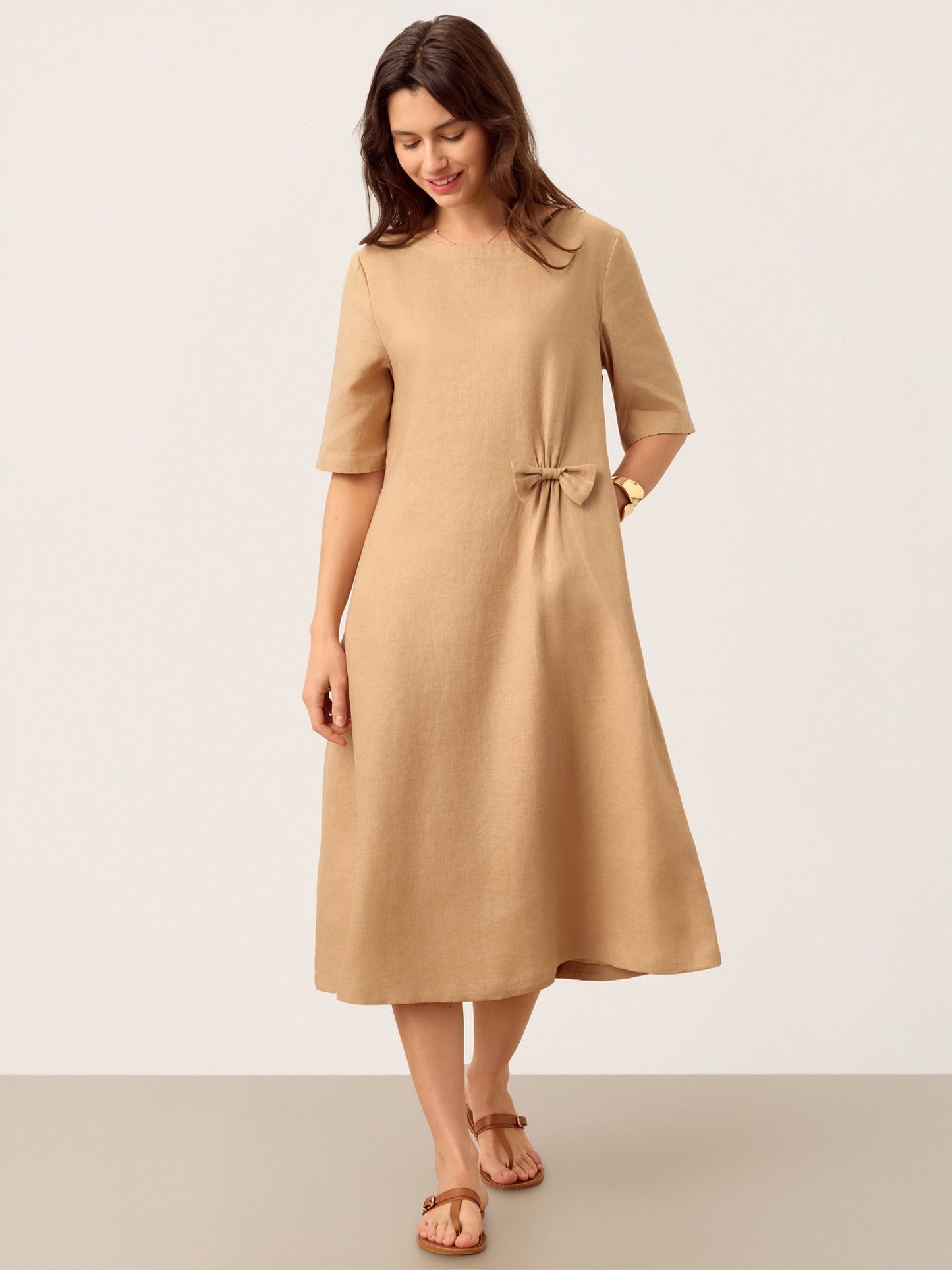 100% Linen Side-Gathered Bow Midi Dress ESMERALDA