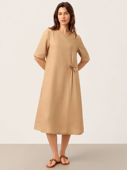 100% Linen Side-Gathered Bow Midi Dress ESMERALDA