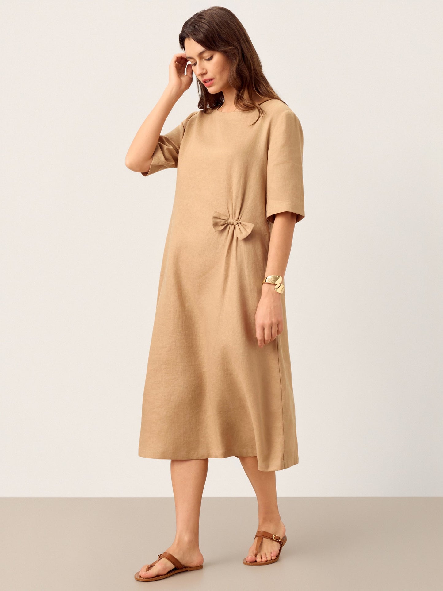 100% Linen Side-Gathered Bow Midi Dress ESMERALDA