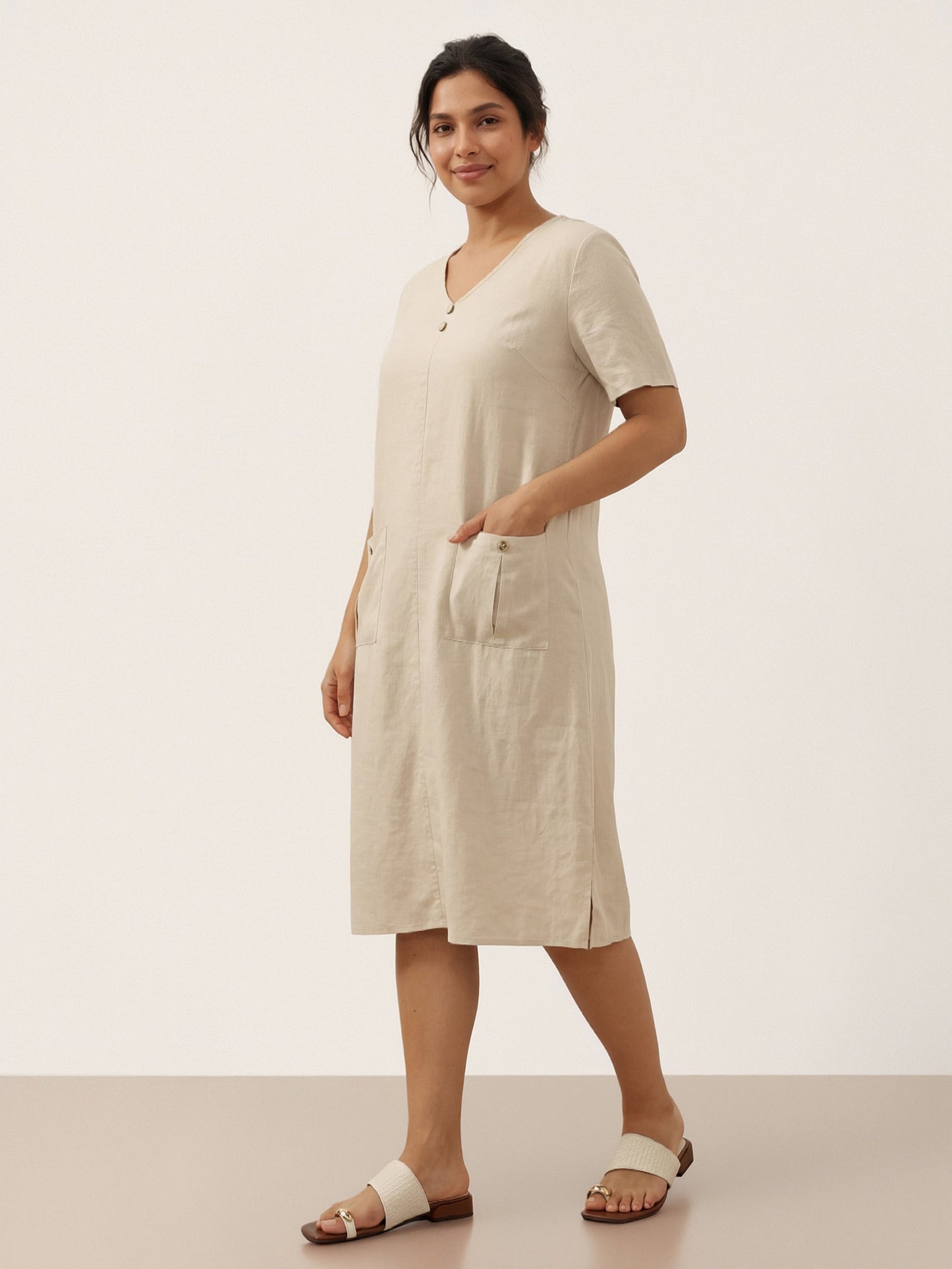 100% Linen Button Front V-Neck Midi Dress NOA