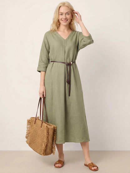 100% Linen Center Pleat V-Neck Cuffed Sleeve Midi Dress ZENOBIA