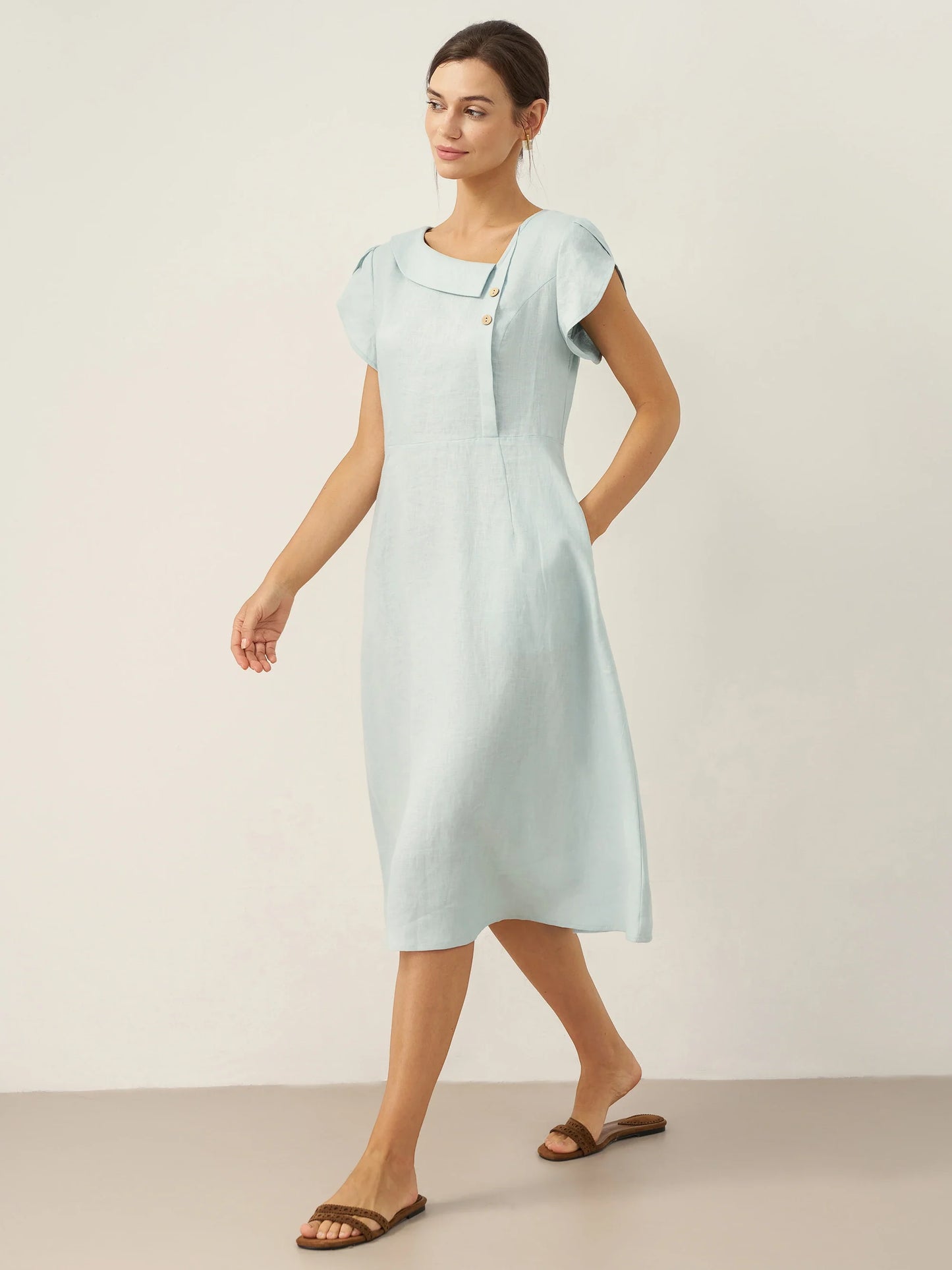 100% Linen Crescent Collar Flutter Sleeve Mini Dress FIONA