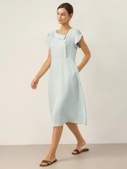 100% Linen Crescent Collar Flutter Sleeve Mini Dress FIONA