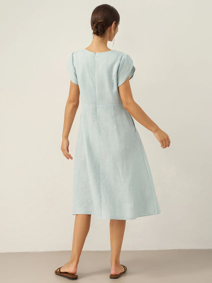 100% Linen Crescent Collar Flutter Sleeve Mini Dress FIONA