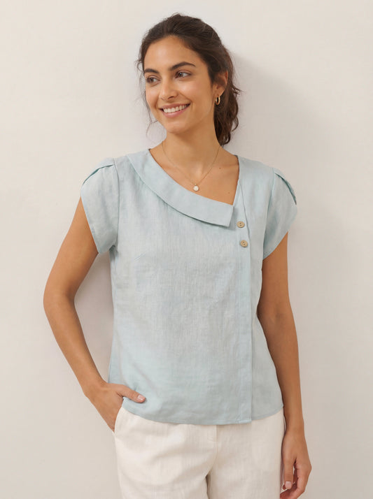 100% Linen Crescent Collar Flutter Sleeve Top FARA